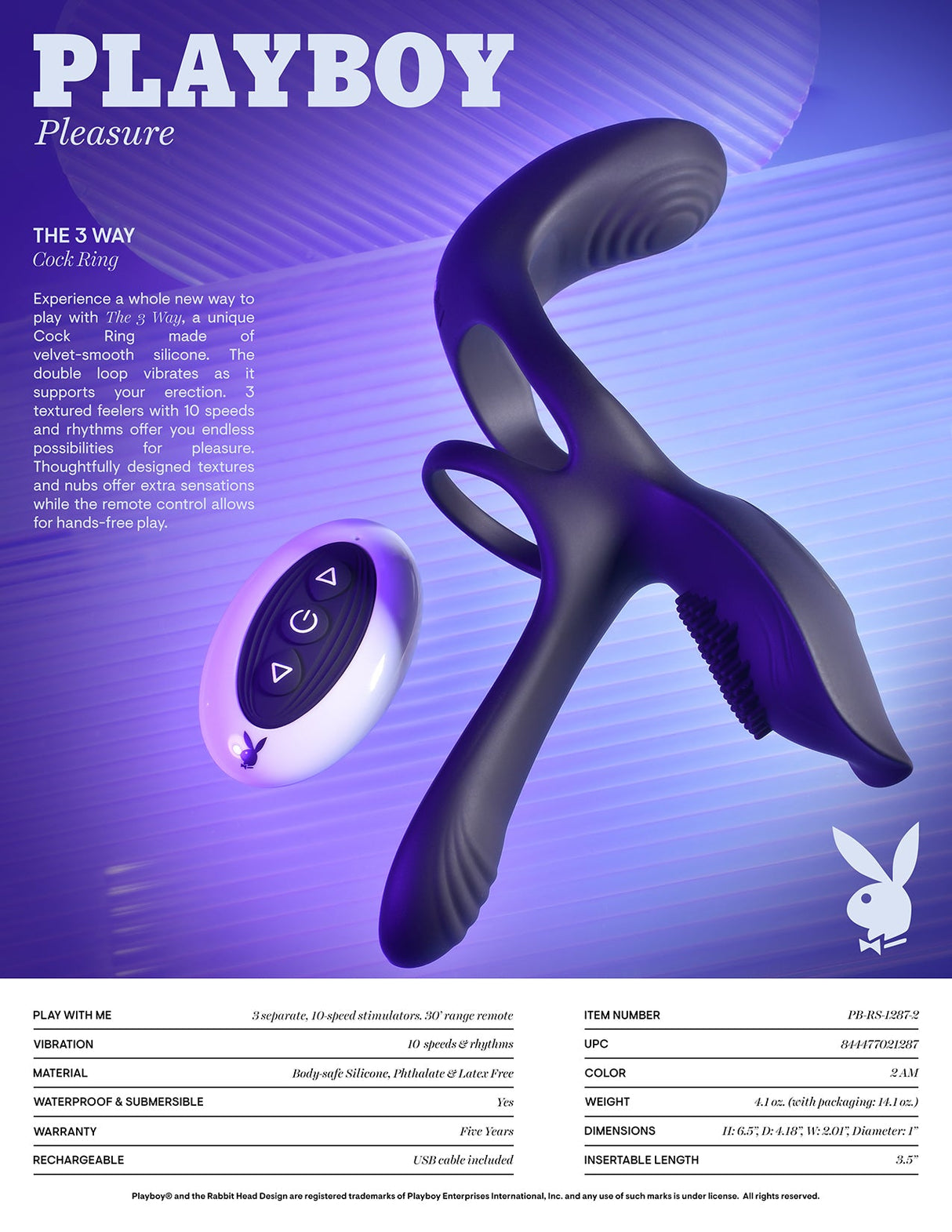 Playboy Pleasure The 3 Way - Vibrating Cock Ring with Wireless Remote - COCK RINGS