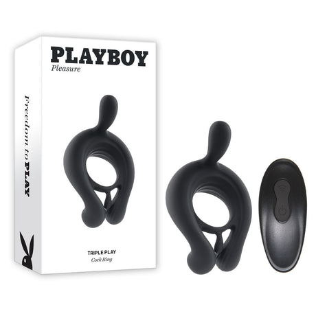 Playboy Pleasure TRIPLE PLAY - Black USB Rechargeable Cock Ring with Wireless Remote - COCK RINGS