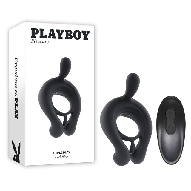 Playboy Pleasure TRIPLE PLAY - Black USB Rechargeable Cock Ring with Wireless Remote - COCK RINGS