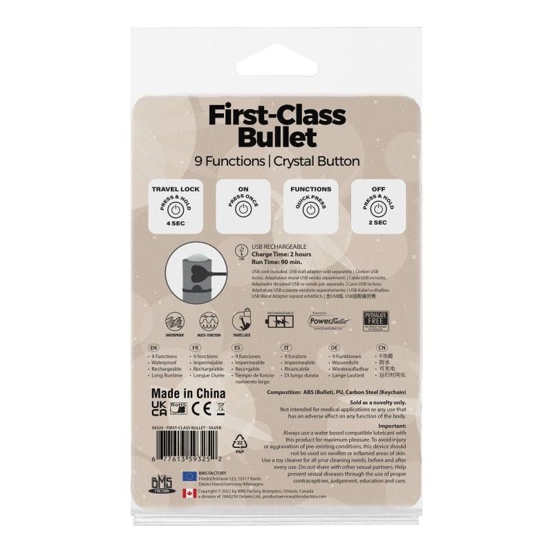 Power Bullet First Class 6cm Rechargeable w Crystal Silver - Adult Toys