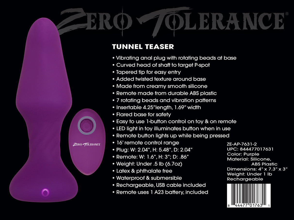 Zero Tolerance Tunnel Teaser - Purple 13.9 cm USB Rechargeable Butt Plug with Wireless Remote - Naughty by Nature Adult Store