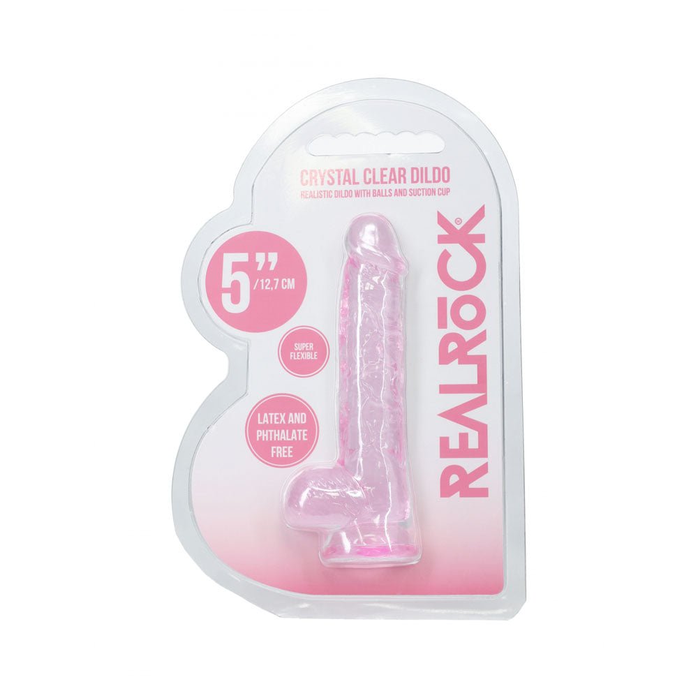 RealRock 5 Inch Crystal Clear Dildo With Balls Pink Clear - DONGS