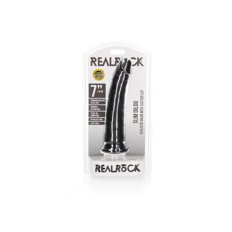 REALROCK Realistic Slim Dildo with Suction Cup - Black (8'') - DONGS