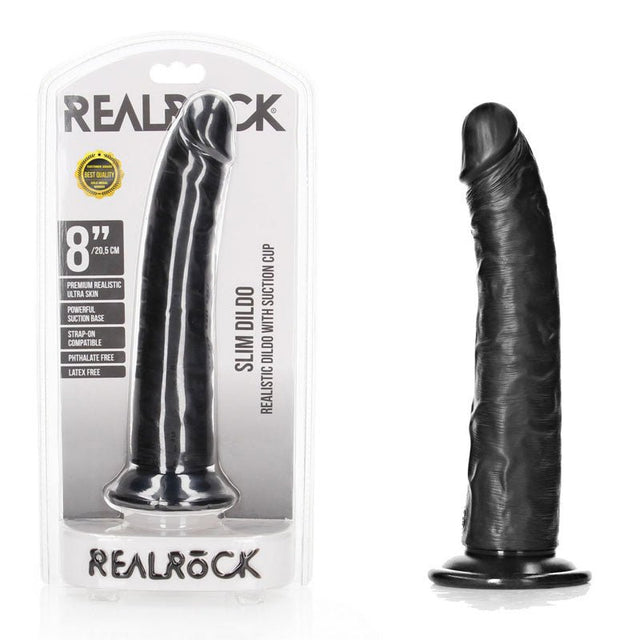 REALROCK Realistic Slim Dildo with Suction Cup - Black (8'') - DONGS