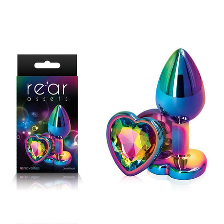 Rear Assets Multi Coloured Heart - Multi Coloured Small Metal Butt Plug with Rainbow Heart Gem Base - Anal Toys