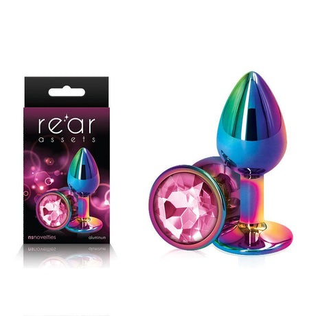 Rear Assets Multi Coloured Small - Multi Coloured Small Metal Butt Plug with Pink Gem Base - Anal Toys