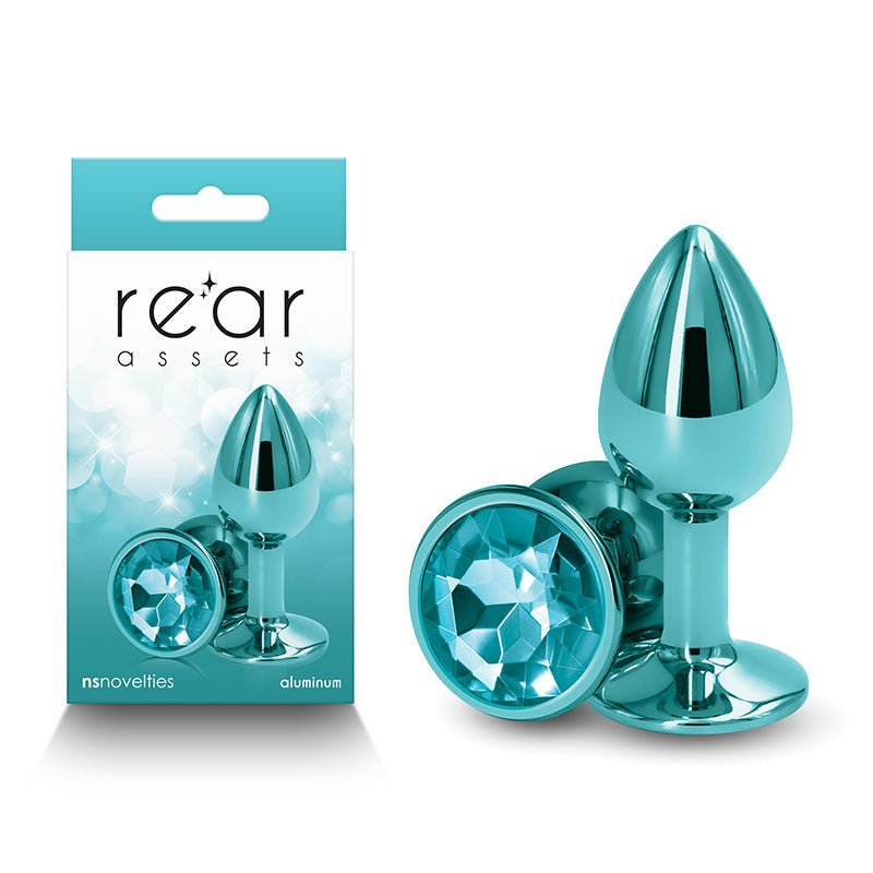 Rear Assets - Small - Teal - Teal 7.1 cm Small Metal Butt Plug with Teal Round Gem Base - Anal Toys