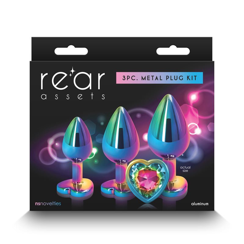 Rear Assets Trainer Kit - Multicolour - Rainbow Heart - Multi Coloured Metallic Butt Plugs with Rainbow Hearts - Set of 3 Sizes - Anal Toys