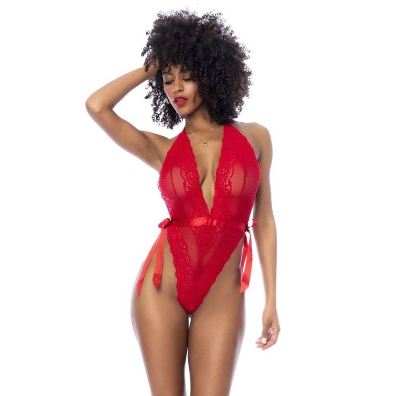 Red Lace Bodysuit with Side Ties - Lingerie