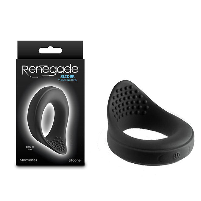 Renegade Slider - Black - Black USB Rechargeable Vibrating Cock Ring - COCK RINGS