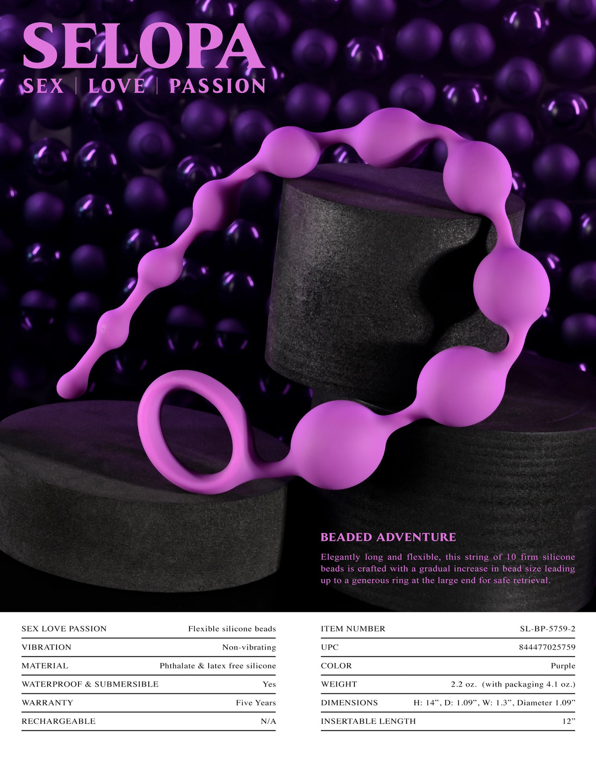 Selopa BEADED ADVENTURE - Purple 35.5 cm Anal Beads - Anal Toys