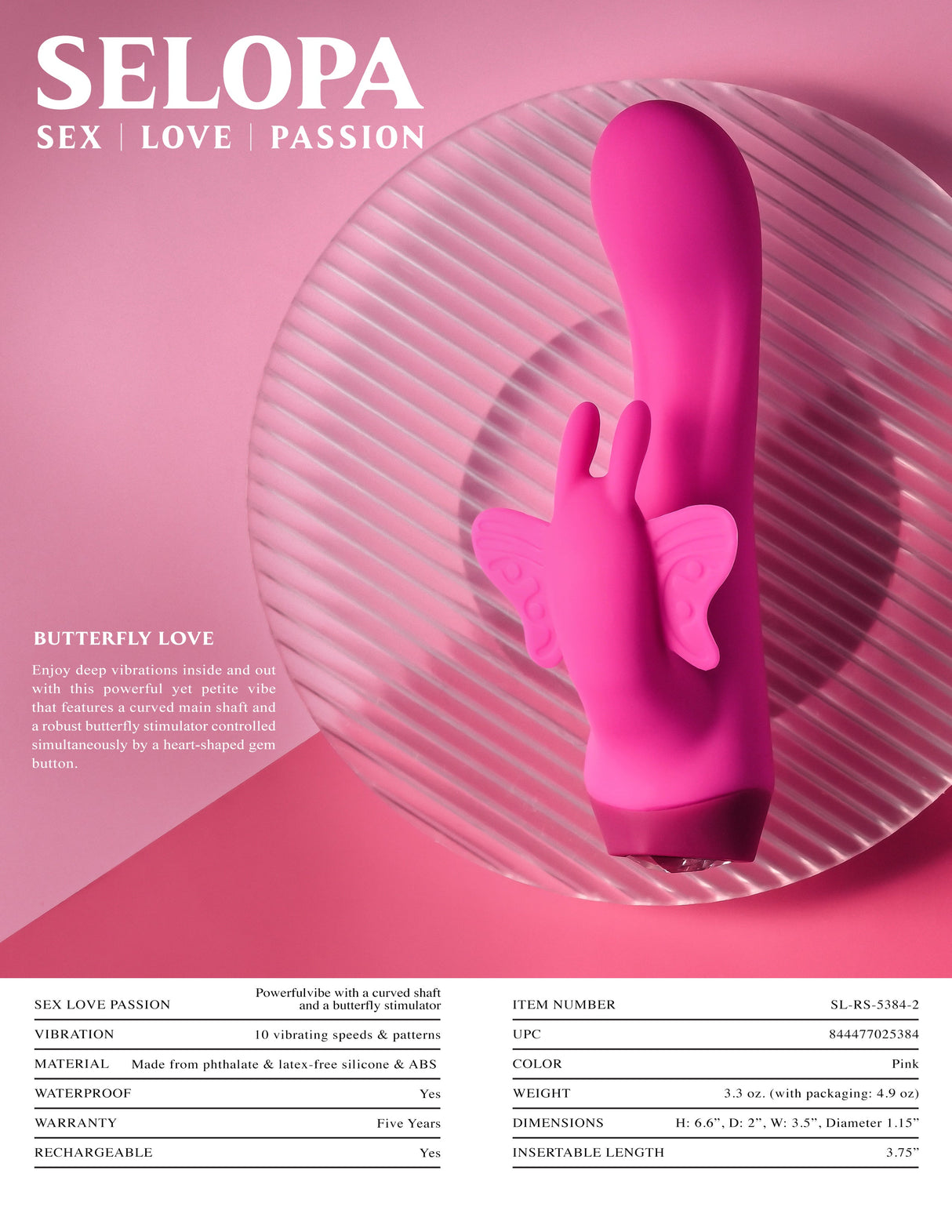Selopa BUTTERFLY LOVE - Pink 13.8 cm USB Rechargeable Butterfly Vibrator - VIBRATORS