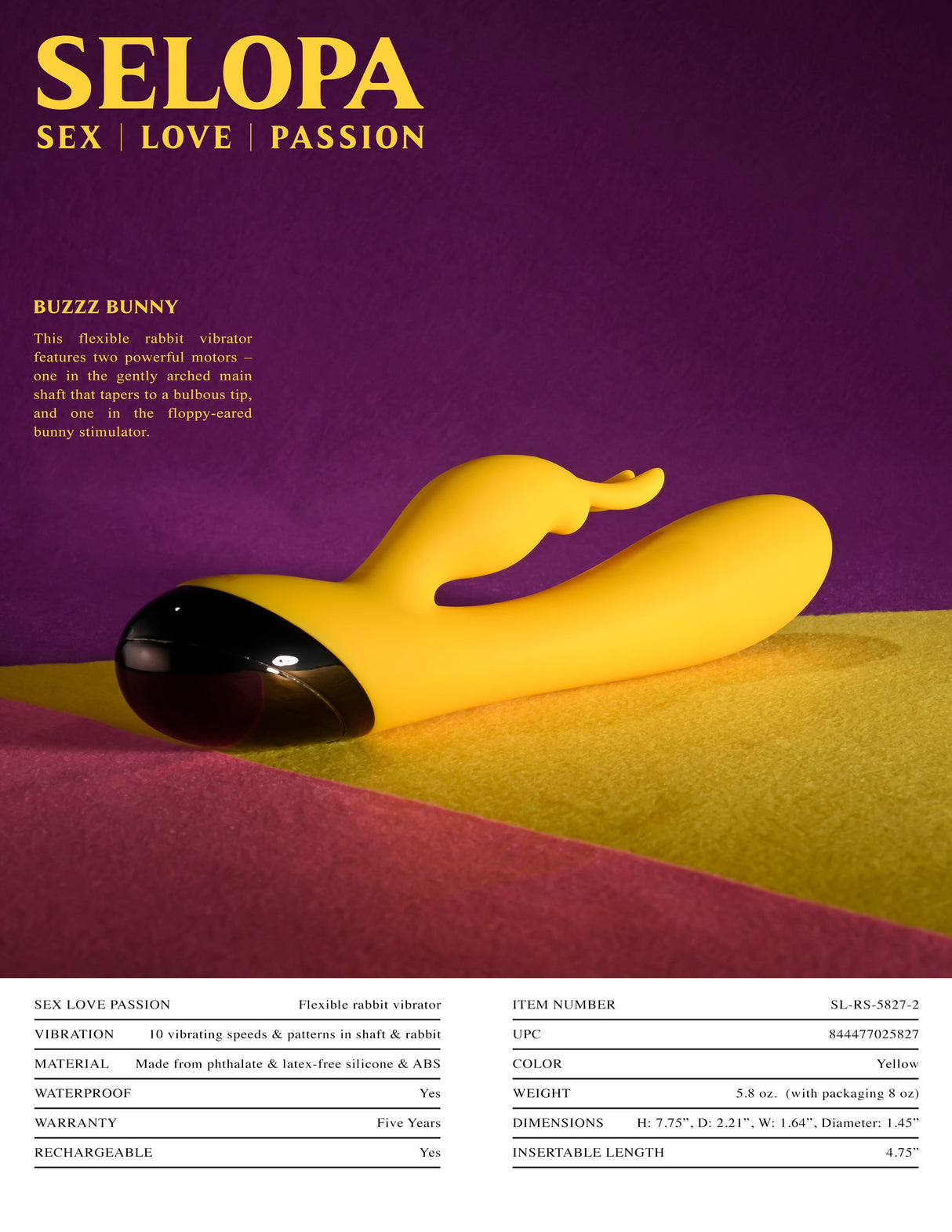 Selopa BUZZZ BUNNY - Yellow 19.7 cm USB Rechargeable Rabbit - VIBRATORS