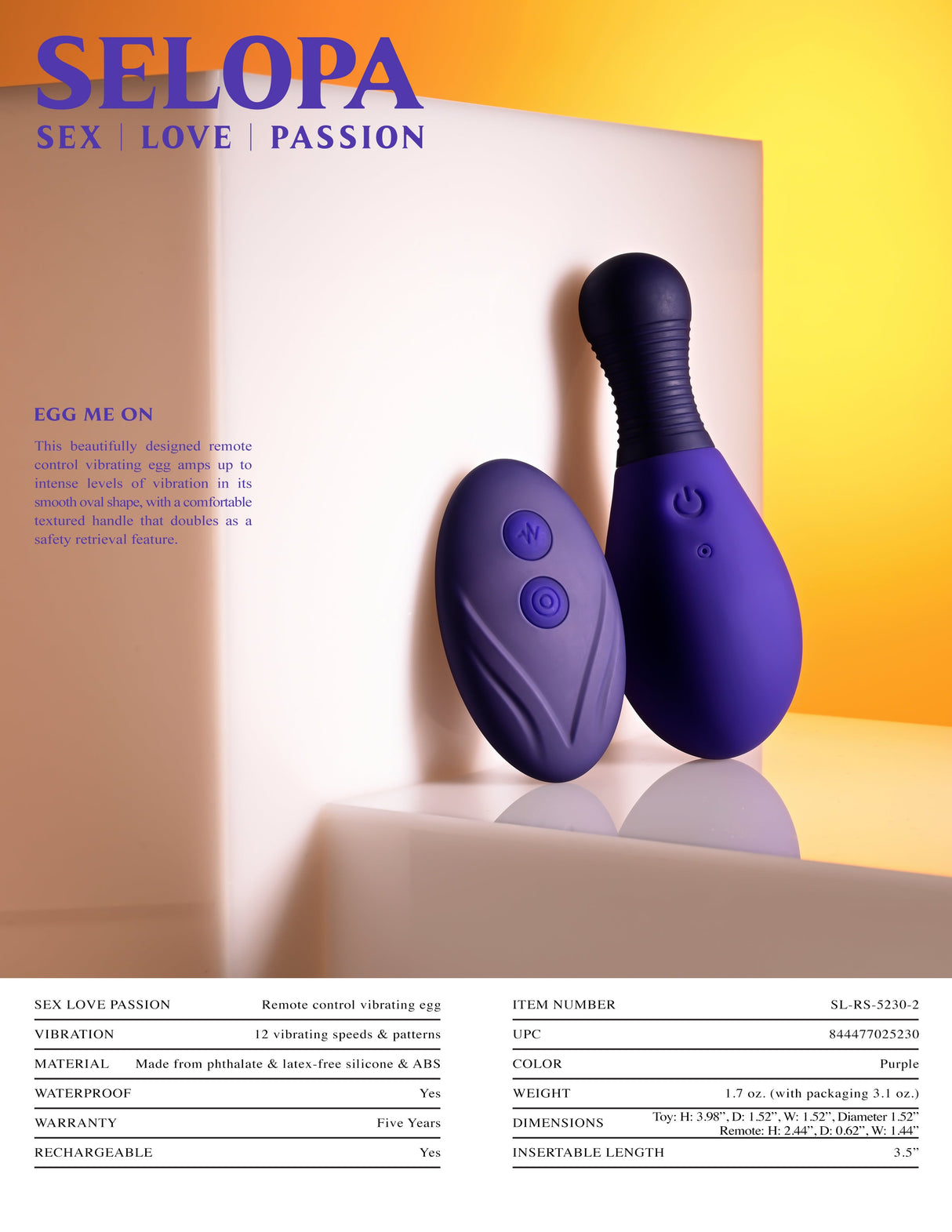 Selopa EGG ME ON - Purple 10 cm USB Rechargeable Egg with Wireless Remote - BULLETS & EGGS