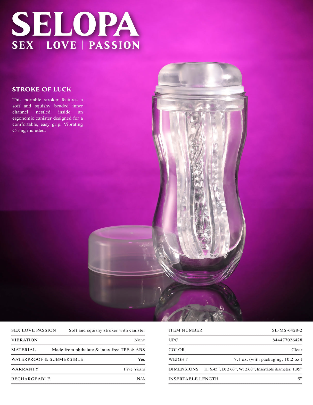 Selopa STROKE OF LUCK - Clear Stroker - MASTURBATORS - Naughty by Nature Adult Store