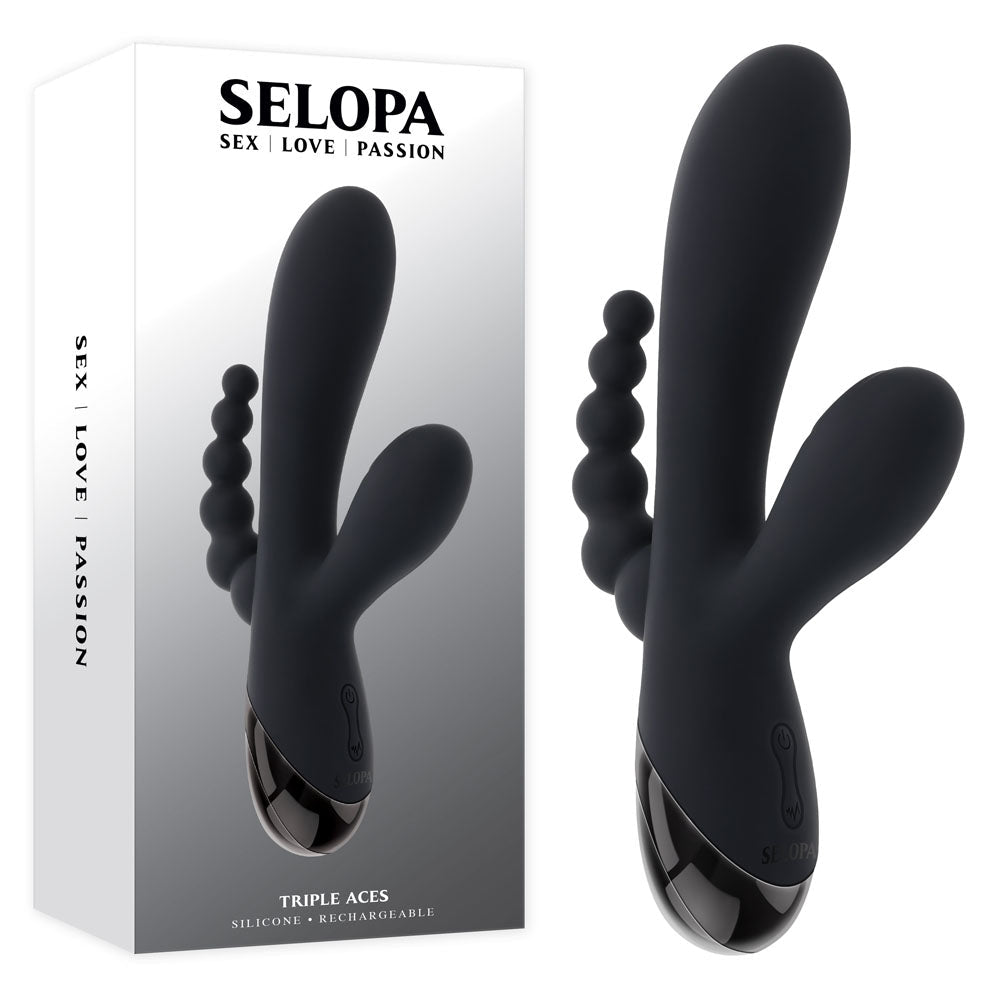Selopa Triple Aces Black 19.7 cm USB Rechargeable Triple Stimulator Vibrator - VIBRATORS