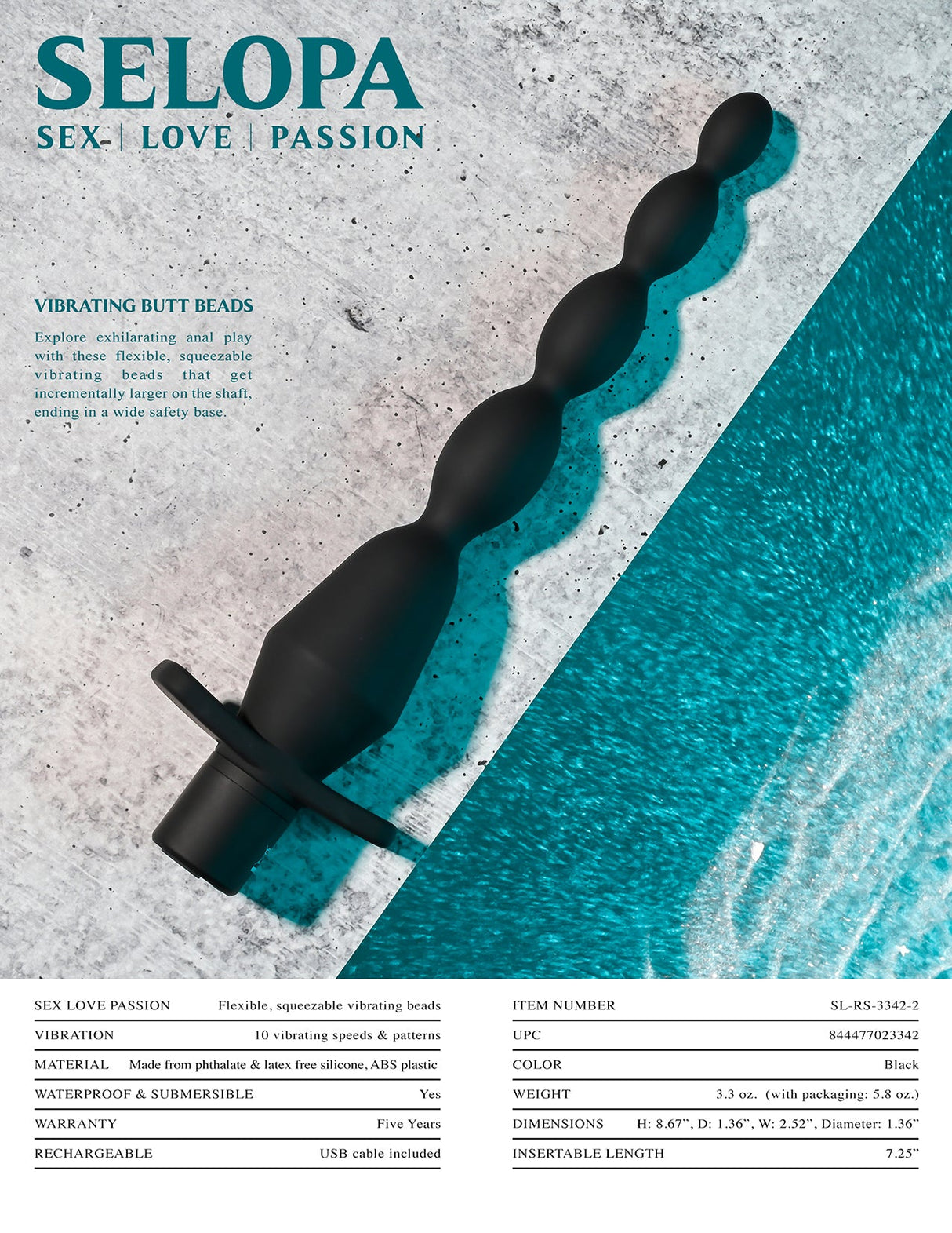 Selopa VIBRATING BUTT BEADS - Black 22 cm USB Rechargeable Vibrating Anal Beads - Anal Toys