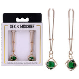 Sex And Mischief Indica Crystal Nipple Clips Gold With Emerald Gems - BONDAGE - TOYS