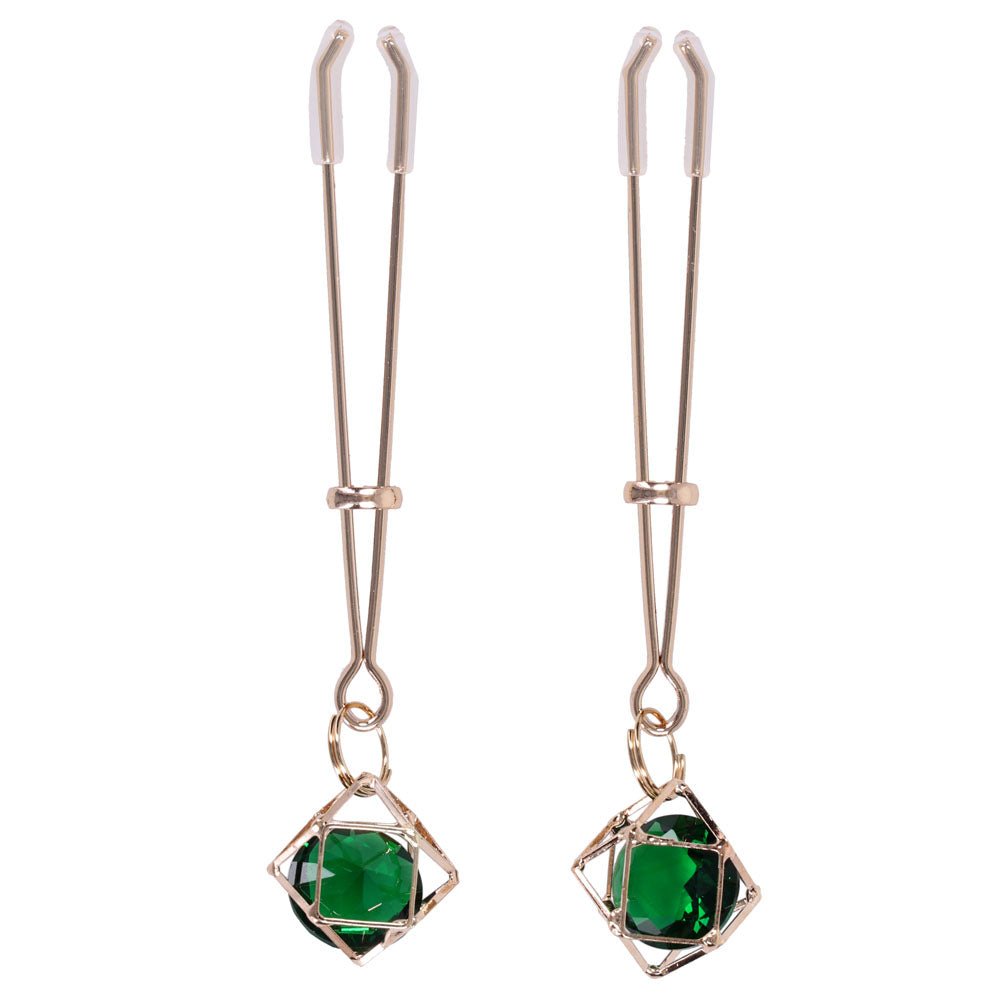 Sex And Mischief Indica Crystal Nipple Clips Gold With Emerald Gems - BONDAGE - TOYS