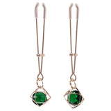 Sex And Mischief Indica Crystal Nipple Clips Gold With Emerald Gems - BONDAGE - TOYS
