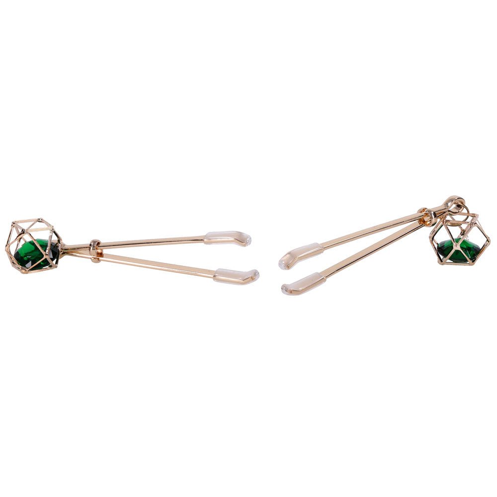 Sex And Mischief Indica Crystal Nipple Clips Gold With Emerald Gems - BONDAGE - TOYS