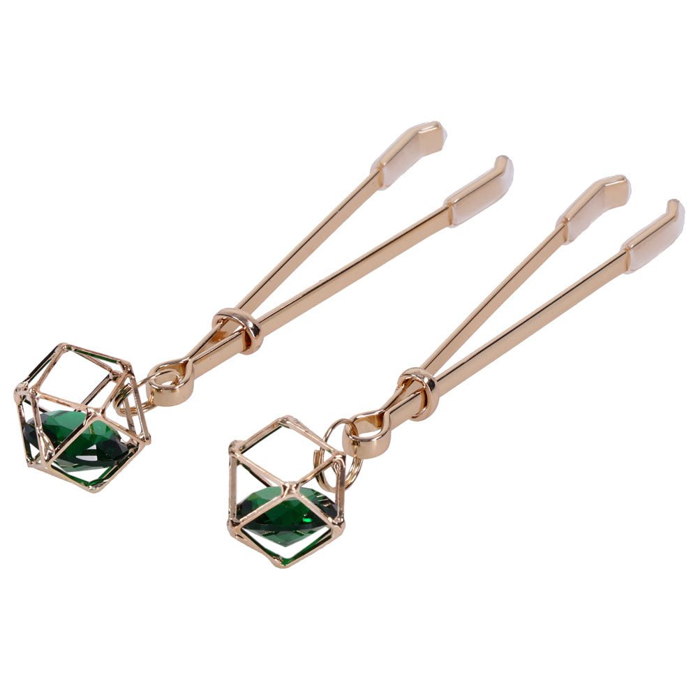 Sex And Mischief Indica Crystal Nipple Clips Gold With Emerald Gems - BONDAGE - TOYS