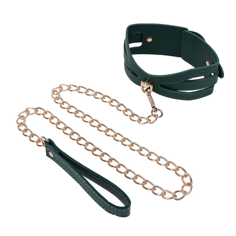Sex And Mischief Indica Cutout Collar And Leash Green And Gold Restraint - BONDAGE - TOYS