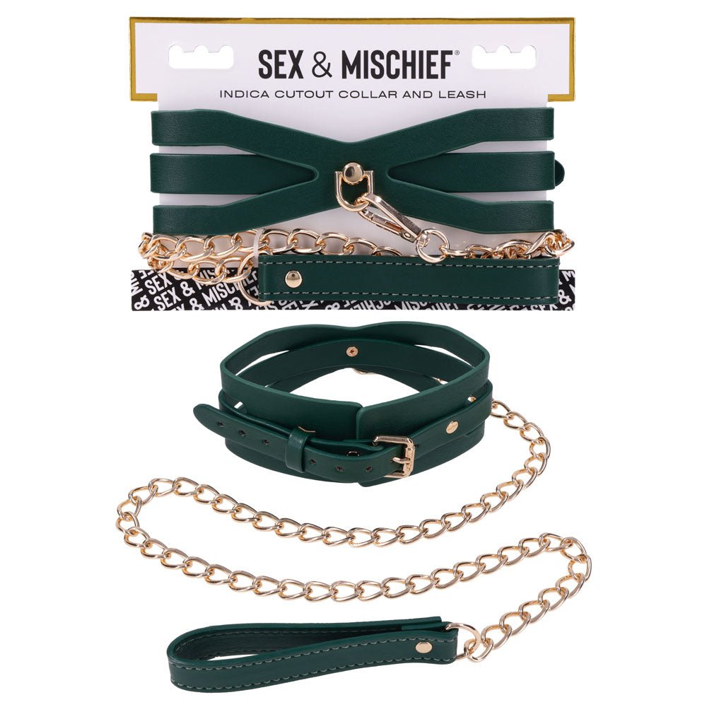 Sex And Mischief Indica Cutout Collar And Leash Green And Gold Restraint - BONDAGE - TOYS