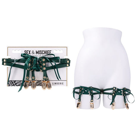 Sex And Mischief Indica Laced Up Garters Green Gold Set Of 2 - BONDAGE - TOYS
