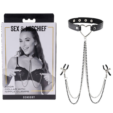 Sex & Mischief Amor Collar with Nipple Clamps - Metal Restraints - BONDAGE - TOYS