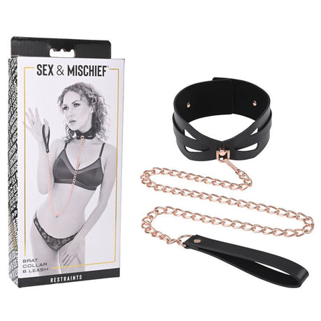 Sex & Mischief Brat Collar & Leash - Rose Gold/Black Restraint - BONDAGE - TOYS