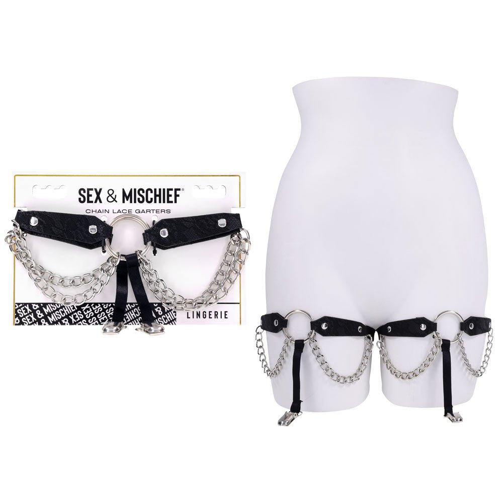 Sex & Mischief Chain Lace Garters - Black/Metal Garters - BONDAGE - TOYS