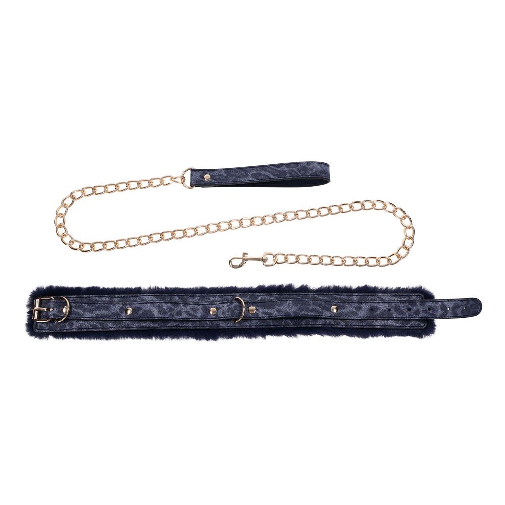 Sex & Mischief Cougar Fur Collar & Leash - Navy Blue/Gold Restraint - BONDAGE - TOYS