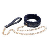 Sex & Mischief Cougar Fur Collar & Leash - Navy Blue/Gold Restraint - BONDAGE - TOYS