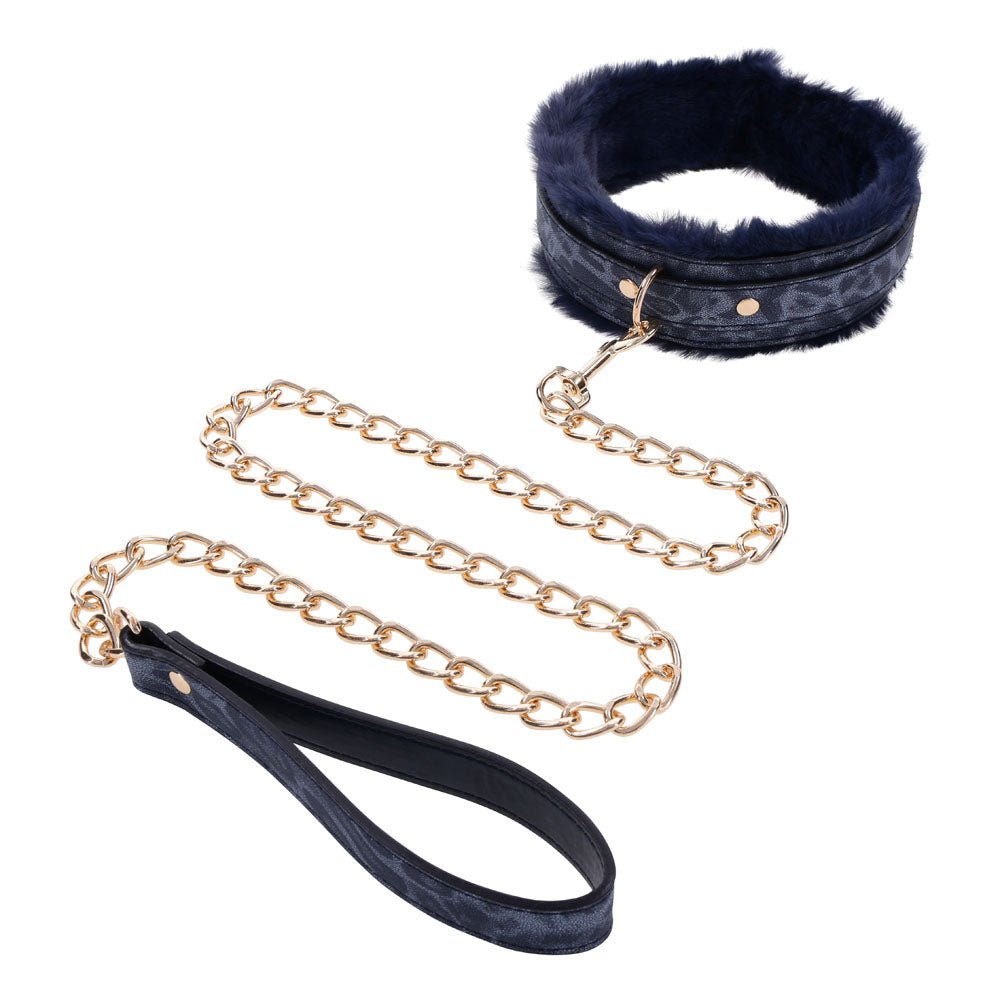 Sex & Mischief Cougar Fur Collar & Leash - Navy Blue/Gold Restraint - BONDAGE - TOYS