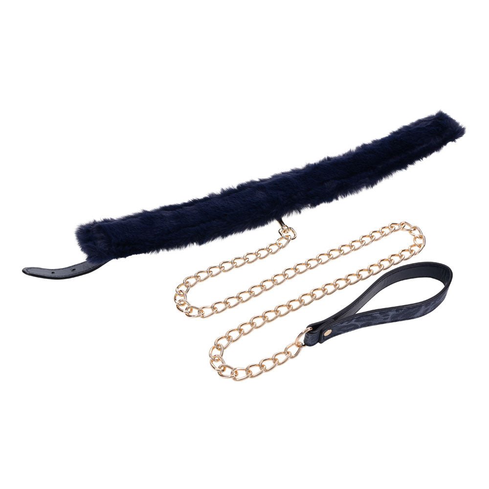 Sex & Mischief Cougar Fur Collar & Leash - Navy Blue/Gold Restraint - BONDAGE - TOYS