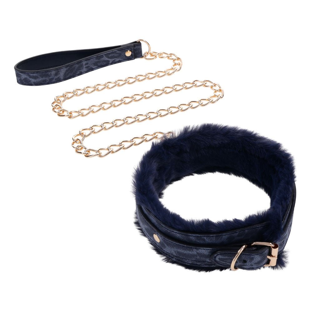 Sex & Mischief Cougar Fur Collar & Leash - Navy Blue/Gold Restraint - BONDAGE - TOYS