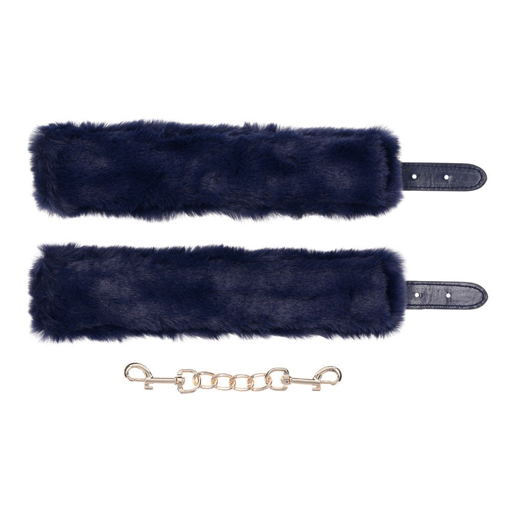 Sex & Mischief Cougar Fur Handcuffs - Navy Blue/Gold Furry Restraints - BONDAGE - TOYS