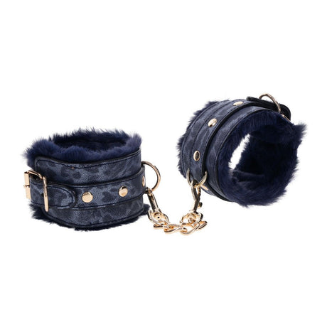 Sex & Mischief Cougar Fur Handcuffs - Navy Blue/Gold Furry Restraints - BONDAGE - TOYS