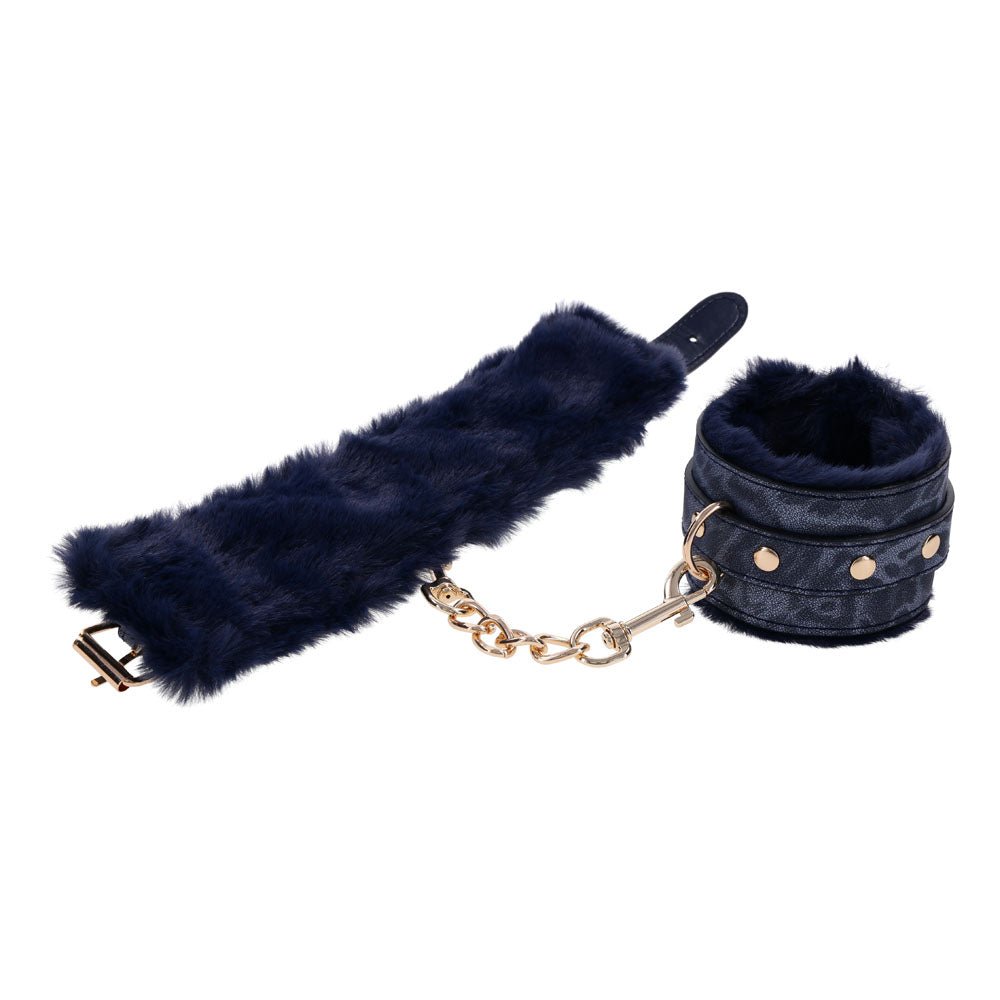 Sex & Mischief Cougar Fur Handcuffs - Navy Blue/Gold Furry Restraints - BONDAGE - TOYS