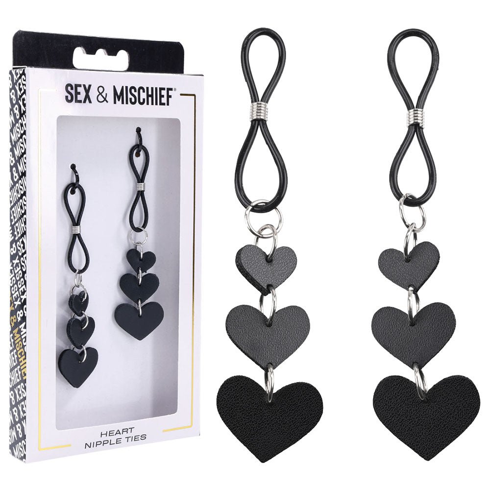 Sex & Mischief Heart Nipple Ties - Black Nipple Restraints - Set of 2 - BONDAGE - TOYS