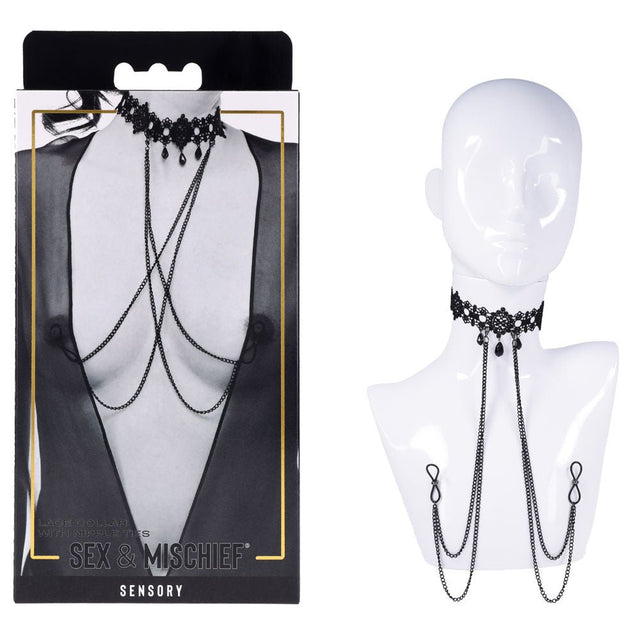 Sex & Mischief Lace Collar with Nipple Ties - Black Neck and Nipple Restraints - BONDAGE - TOYS