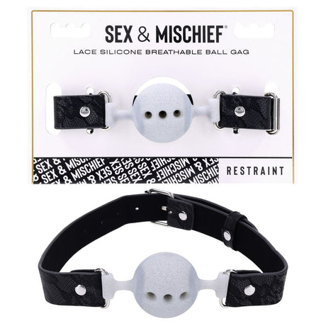Sex & Mischief Lace Silicone Breathable Ball Gag - Black/Grey Mouth Restraint - BONDAGE - TOYS