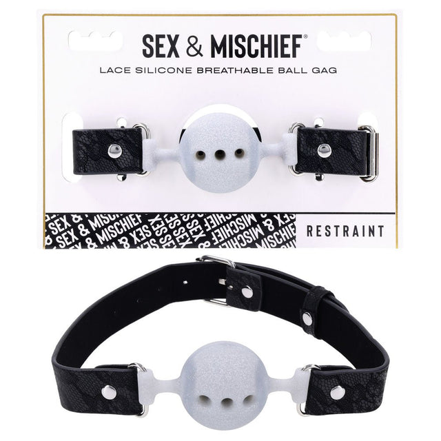 Sex & Mischief Lace Silicone Breathable Ball Gag - Black/Grey Mouth Restraint - BONDAGE - TOYS