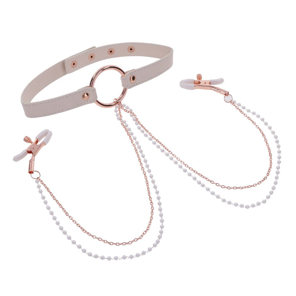 Sex & Mischief Peaches n CreaMe Collar with Nipple Clamps | Rose Gold - BONDAGE - TOYS
