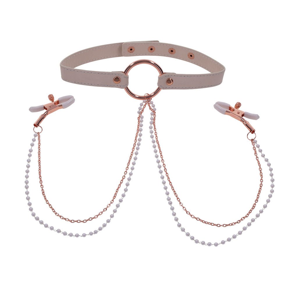 Sex & Mischief Peaches n CreaMe Collar with Nipple Clamps | Rose Gold - BONDAGE - TOYS