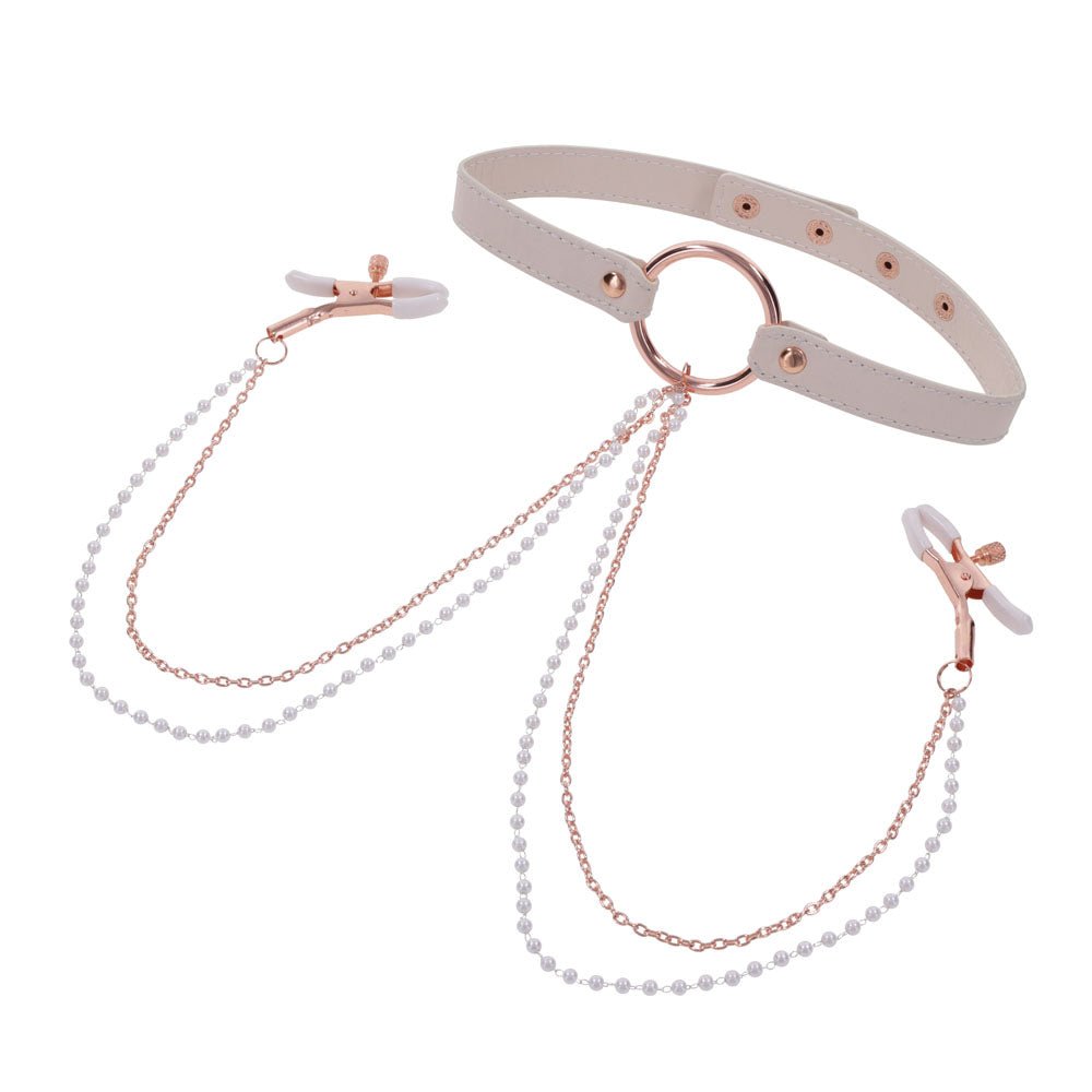 Sex & Mischief Peaches n CreaMe Collar with Nipple Clamps | Rose Gold - BONDAGE - TOYS
