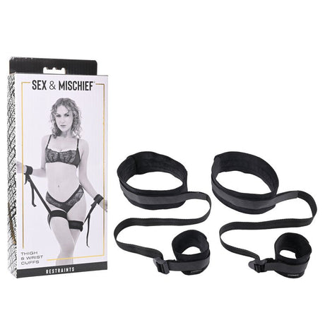 Sex & Mischief Thigh & Wrist Cuffs - Black Restraints - BONDAGE - TOYS