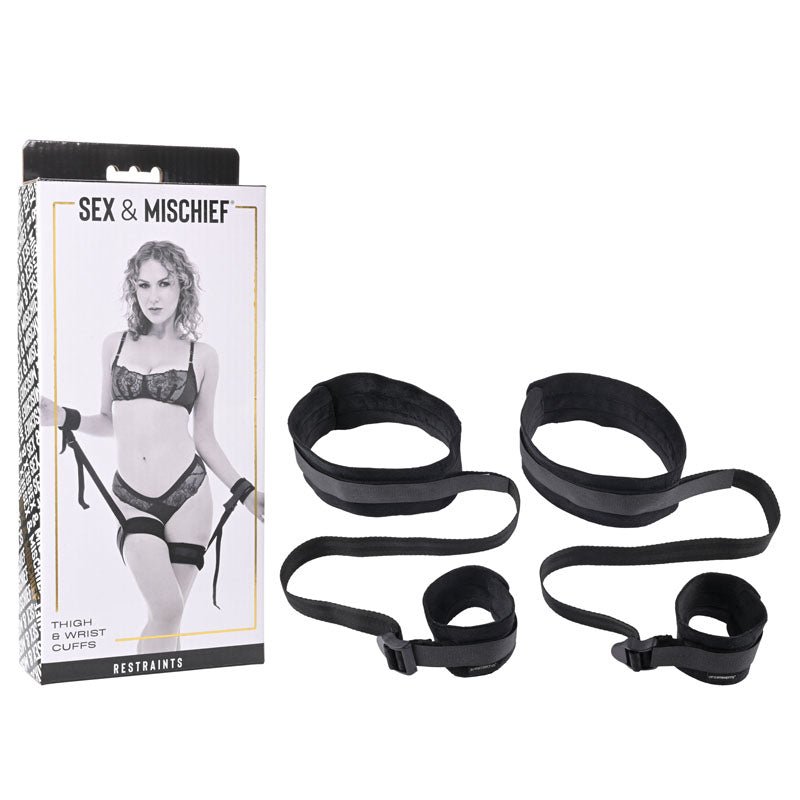Sex & Mischief Thigh & Wrist Cuffs - Black Restraints - BONDAGE - TOYS
