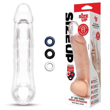 Size Up 2 Inch See - Thru Penis Extender with Ball Loop - Clear 5 cm (2'') Penis Extension Sleeve - SLEEVES